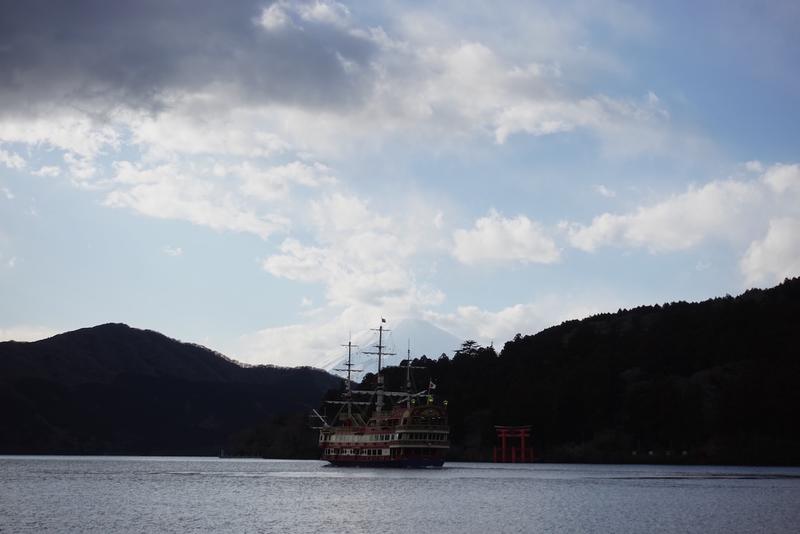 Pirate boat with toori gate in water and Mt. Fuji in the background, in Hakone